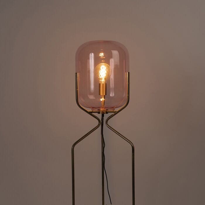 Design Vloerlamp Messing Met Roze Glas