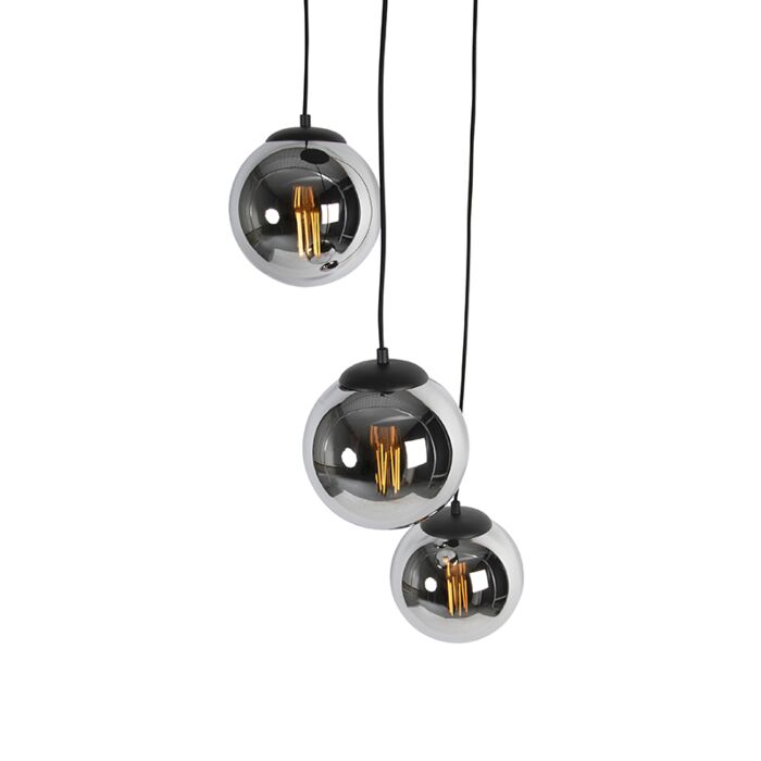Art deco hanglamp zwart met smoke glas 3-lichts