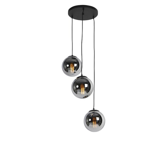 Art deco hanglamp zwart met smoke glas 3-lichts