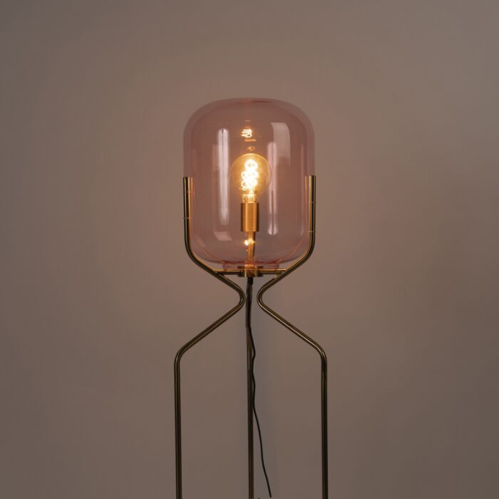 Bliss Design Stehlampe aus Messing mit rosa Glas